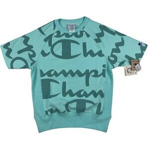 New Champion Men US XS Turquoise Blue Sweatshirt Short Sleeve Crew Neck Pullover